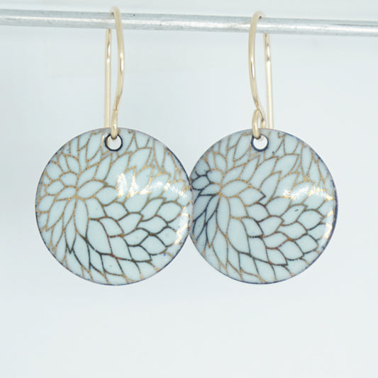 Gold Flower Accents on Light Seafoam Green Enamel Disc Earrings