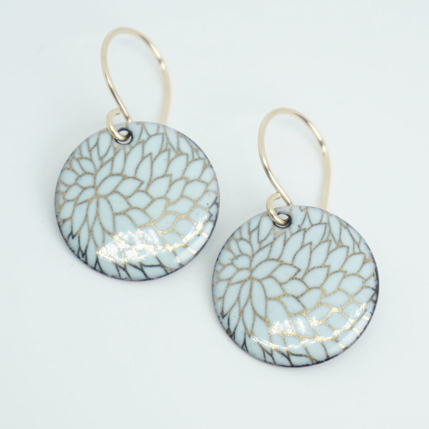 Gold Flower Accents on Light Seafoam Green Enamel Disc Earrings