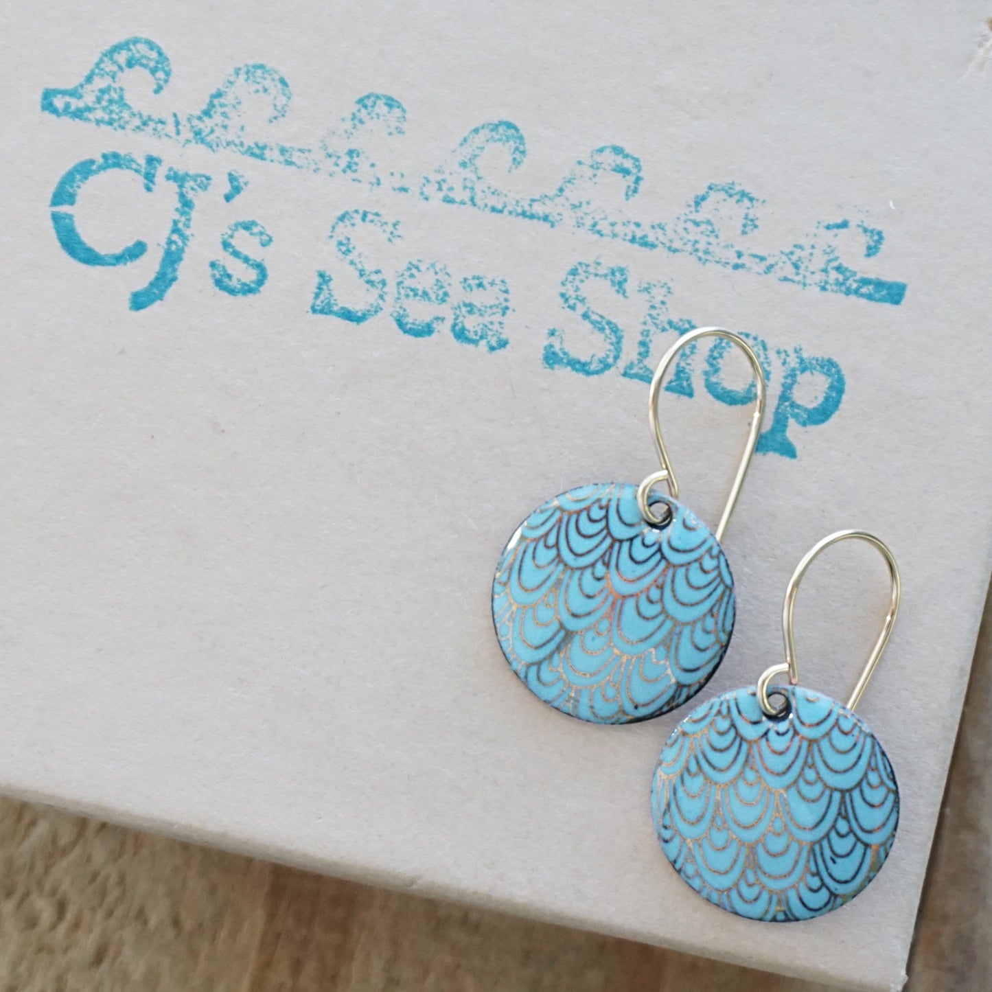 Gold Mermaid Scale Accents on Light Blue Enamel Earrings