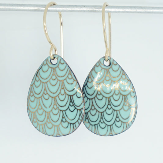 Gold Mermaid Scales on Seafoam Green Enamel Earrings