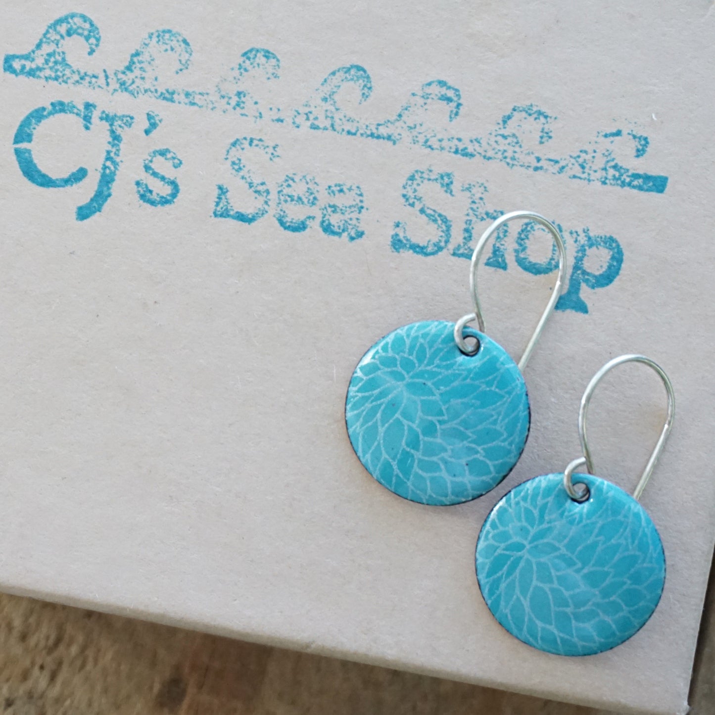 Teal Green Enamel Disc Earrings with White Floral Accents