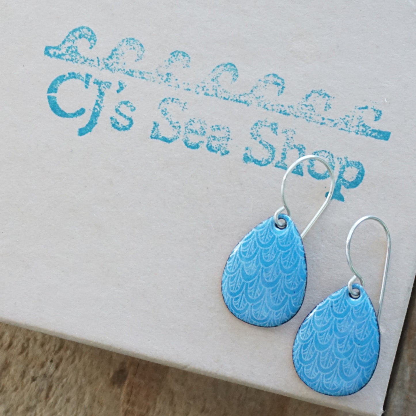 Aqua Blue Enamel Teardrop Earrings with White Mermaid Accents