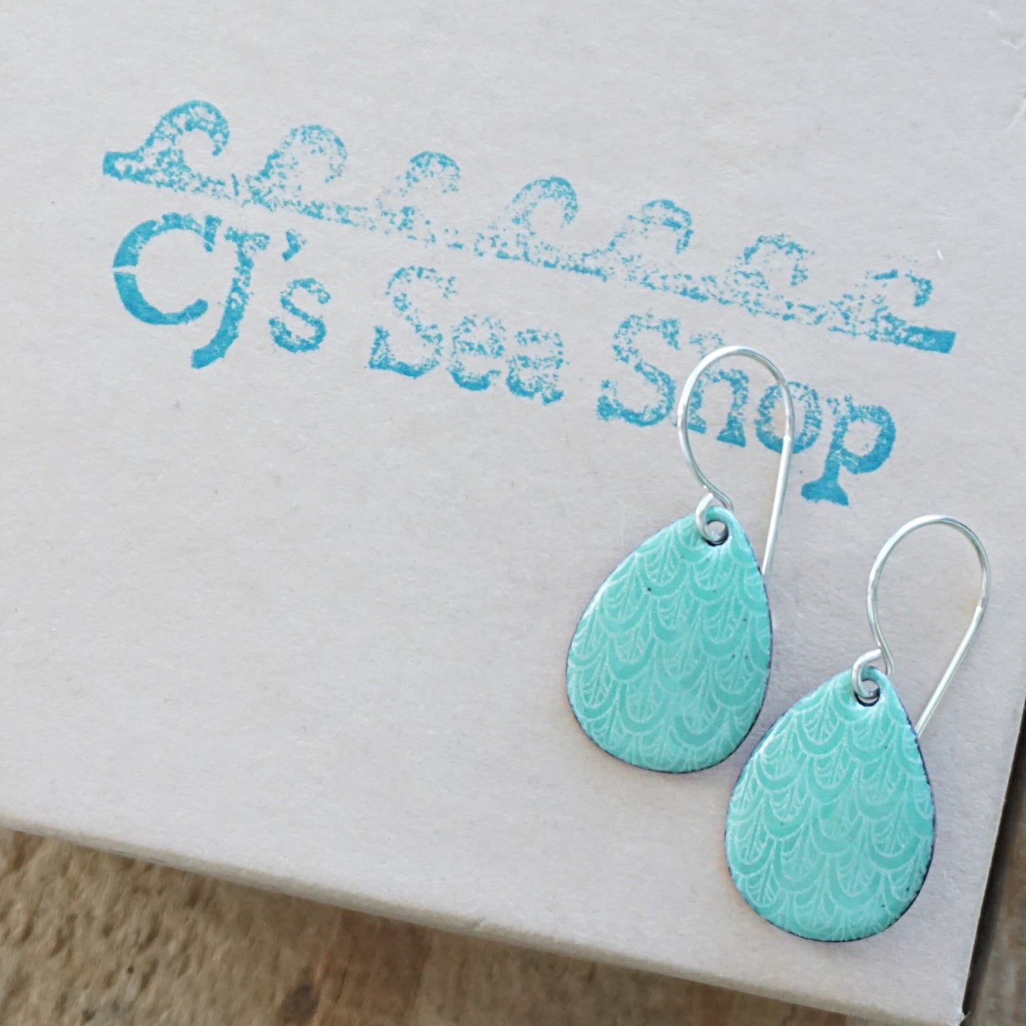 Green Enamel Teardrop Earrings with White Mermaid Accents