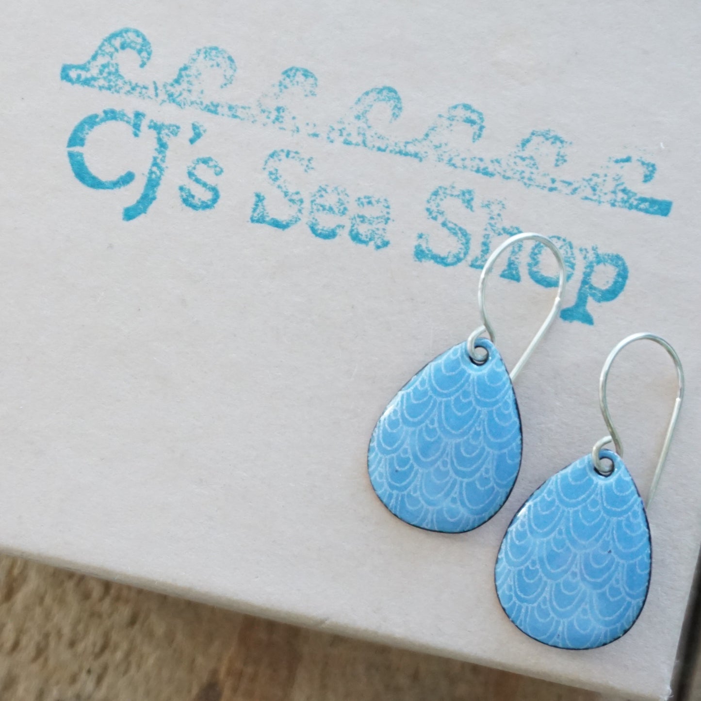 Blue Enamel Teardrop Earrings with White Mermaid Accents