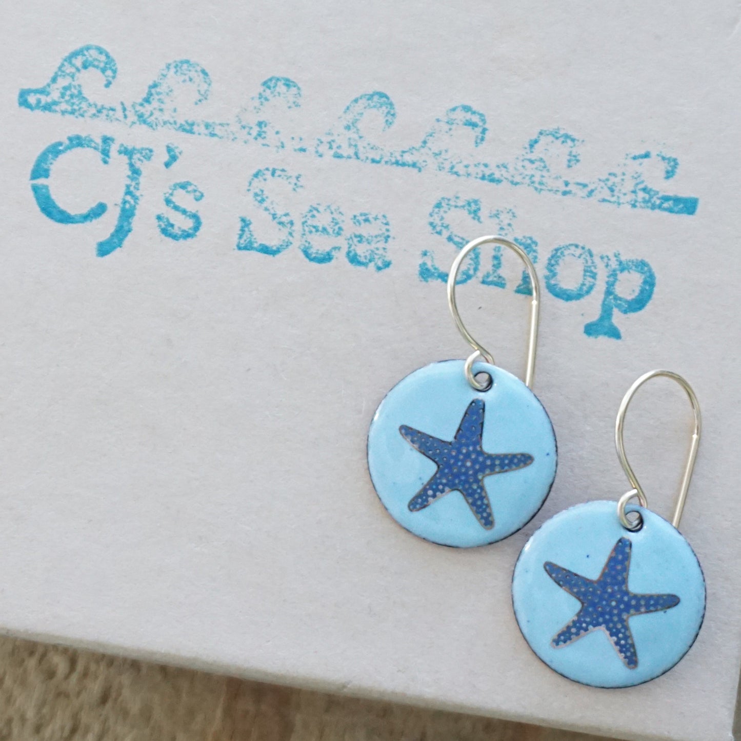 Light Blue Enamel Disc Earrings with Blue and Gold Starfish