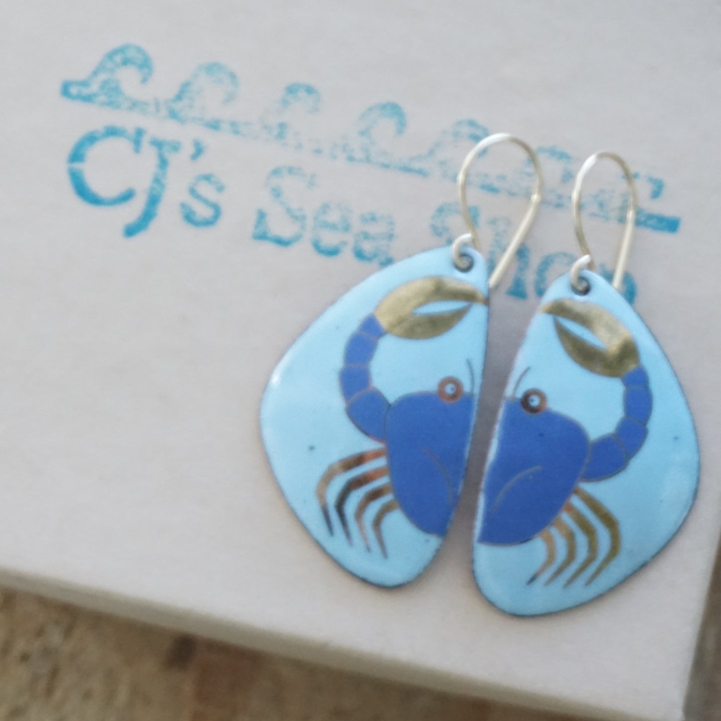 Light Blue Enamel Earrings with Blue and Gold Crab