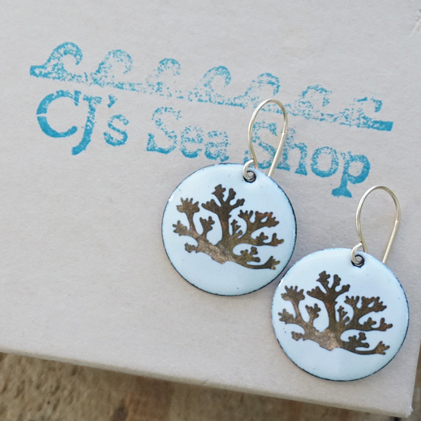 White Enamel Disc Earrings with Gold Coral