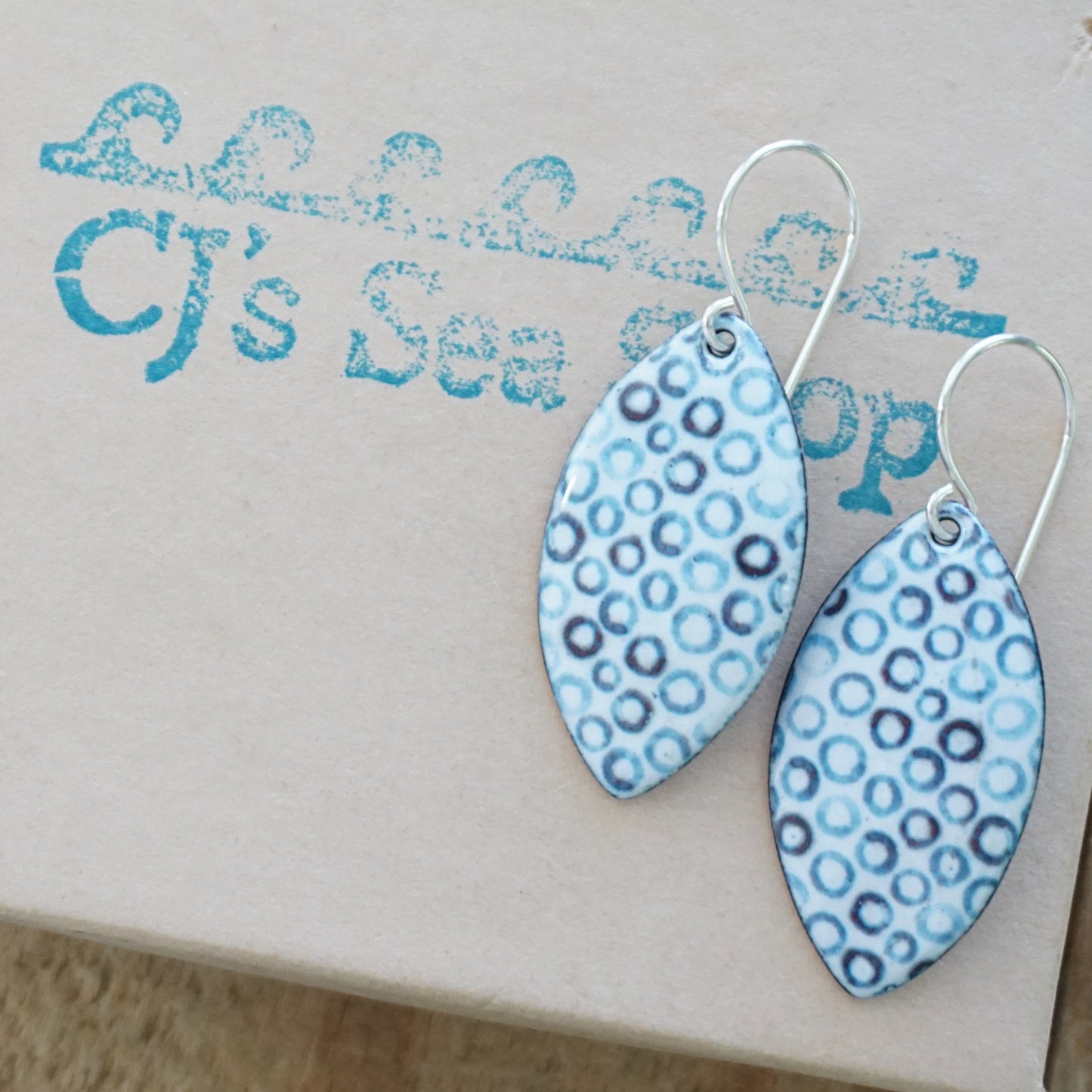 White Enamel Marquis Earrings with Blue Bubbles