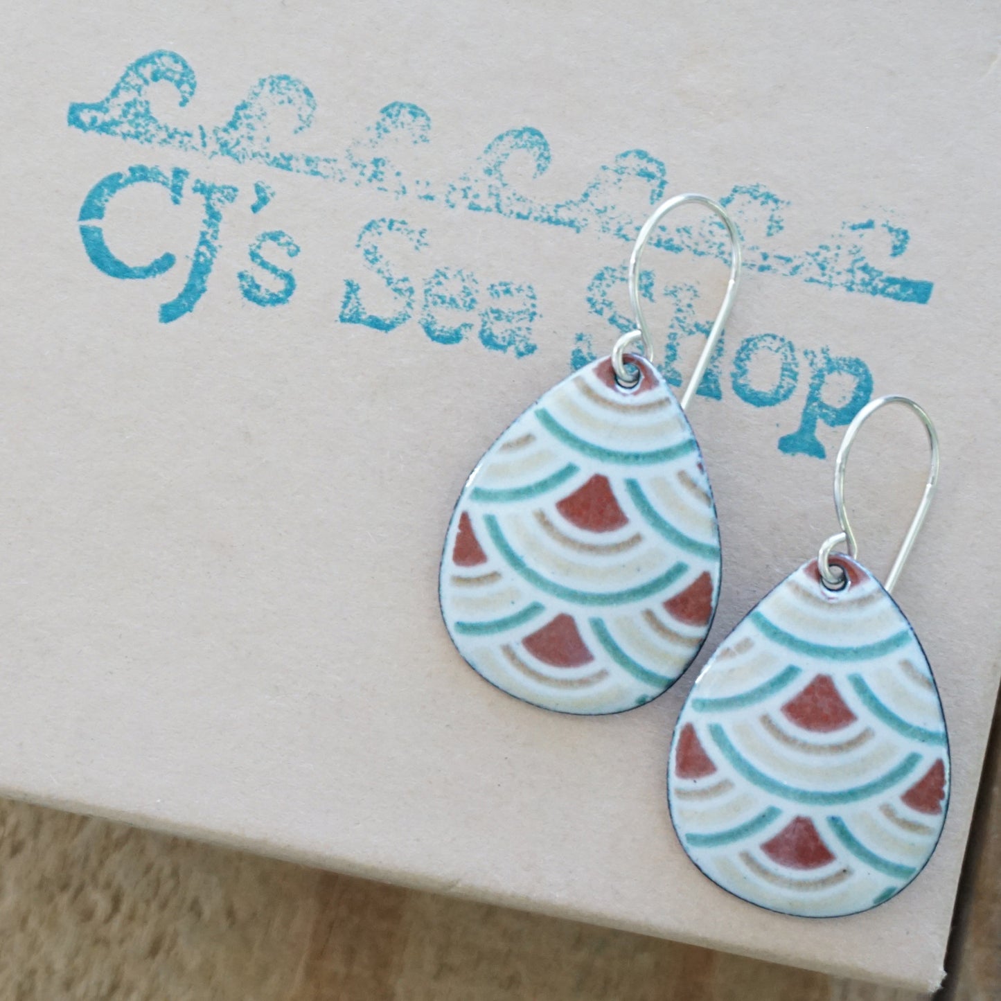 White Enamel Teardrop Earrings with Japanese Wave