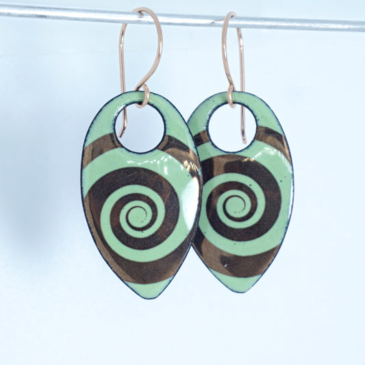 Copper Swirl Accents on Light Green Enamel Teardrop Earrings