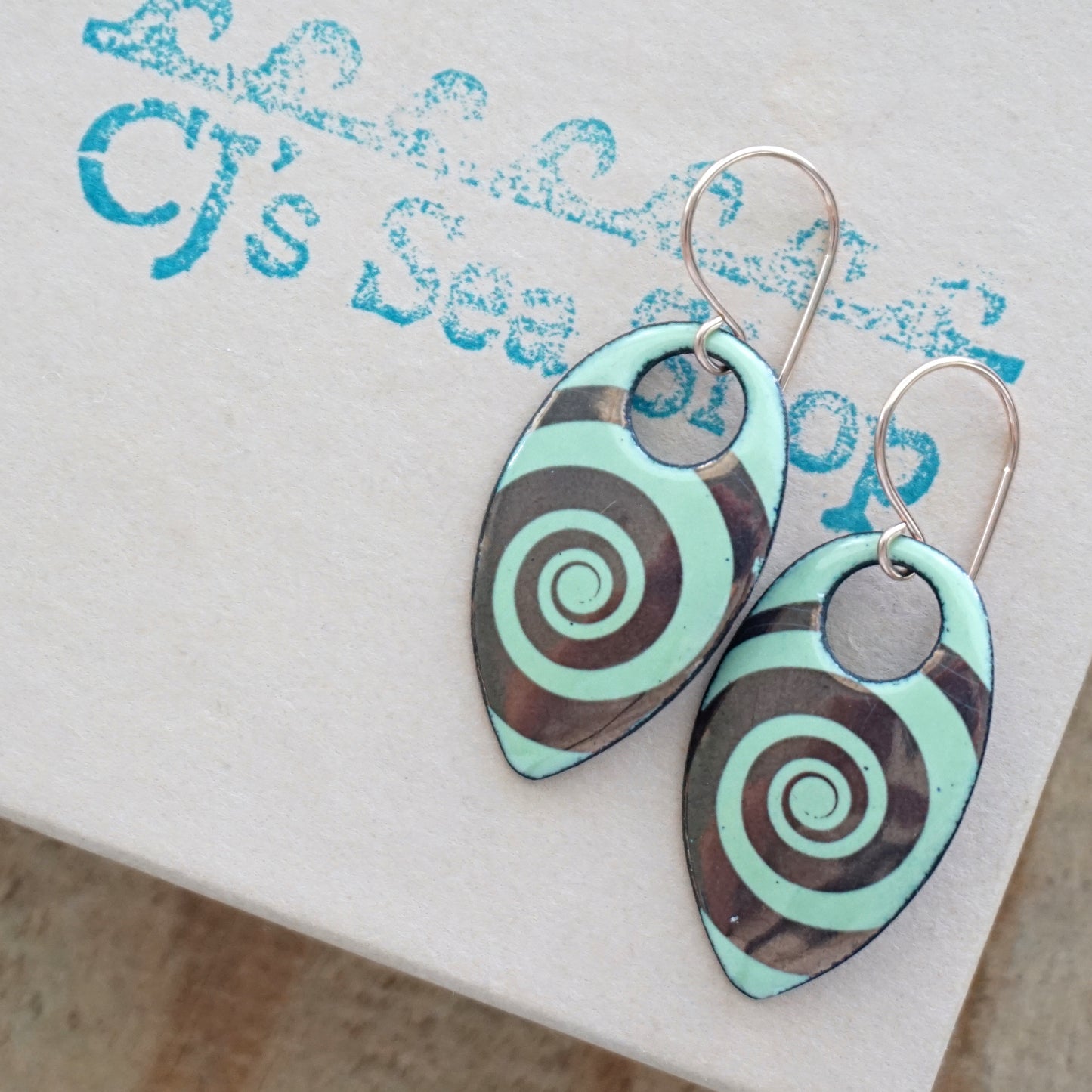 Copper Swirl Accents on Light Green Enamel Teardrop Earrings