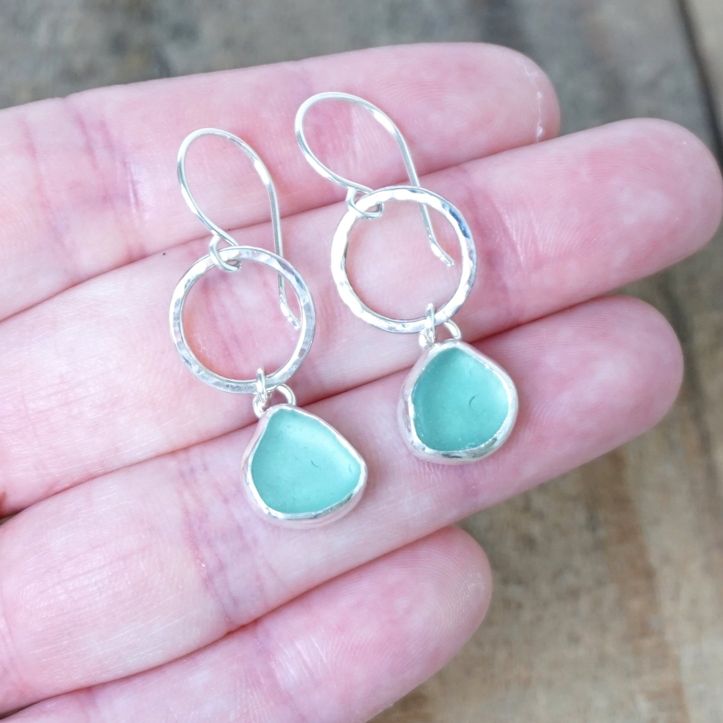 Teal Blue Green Sea Glass Circle Earrings