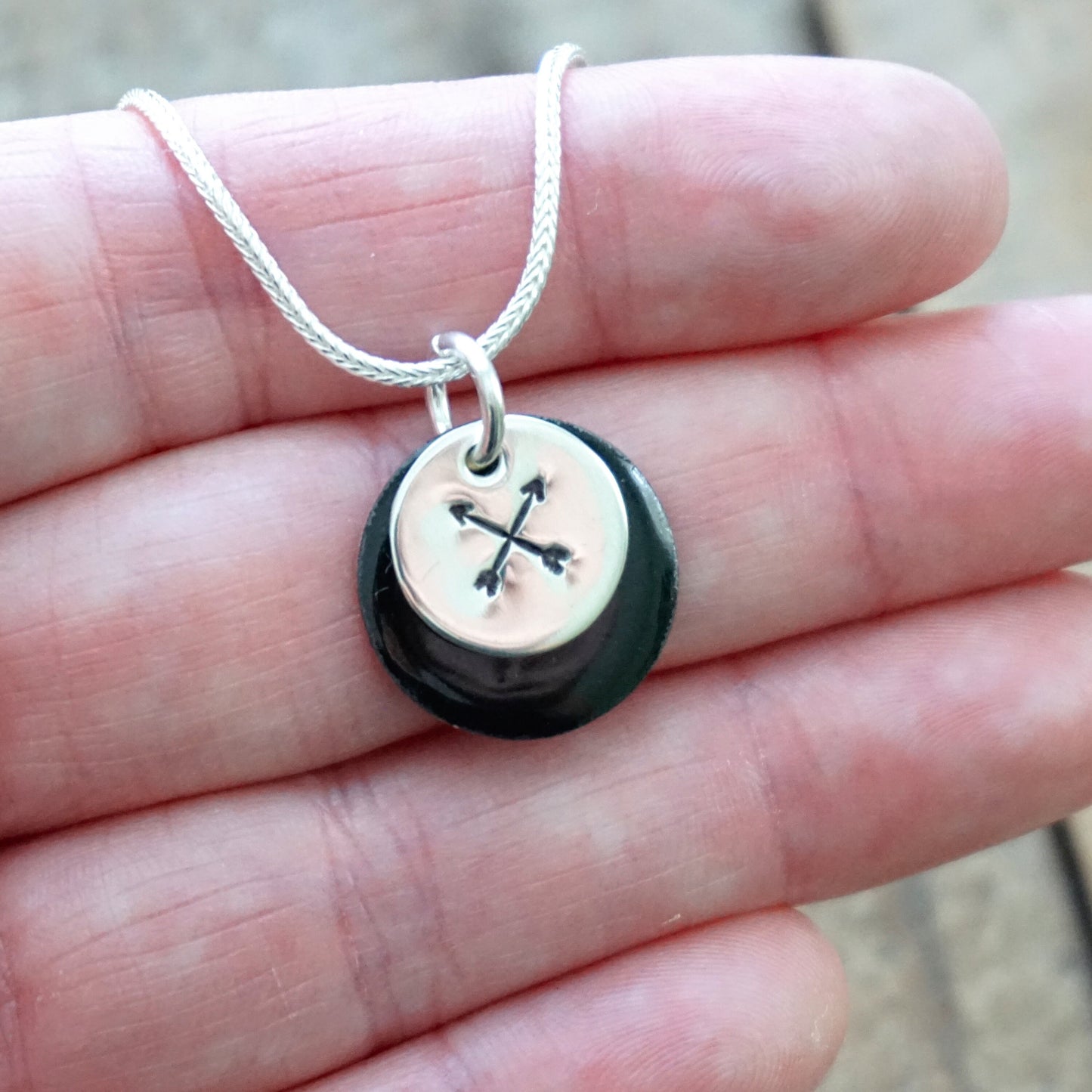Hand Stamped Sterling Silver Crossed Arrows on Enamel Pendant - Choose Your Color - Enamel Necklace, Arrow Necklace