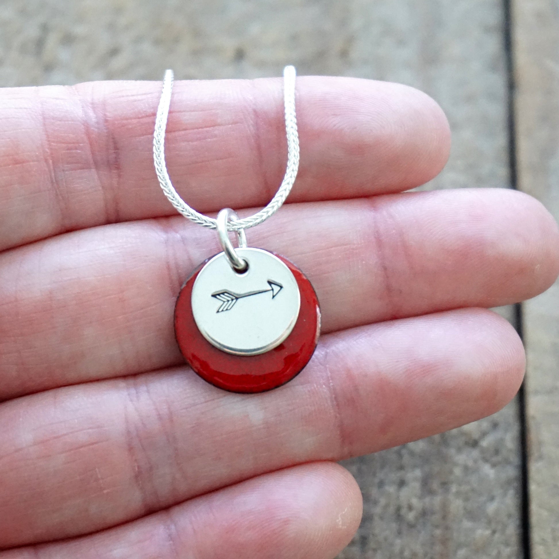 Hand Stamped Sterling Silver Arrow on Enamel Pendant - Choose Your Color - Enamel Necklace, Arrow Necklace