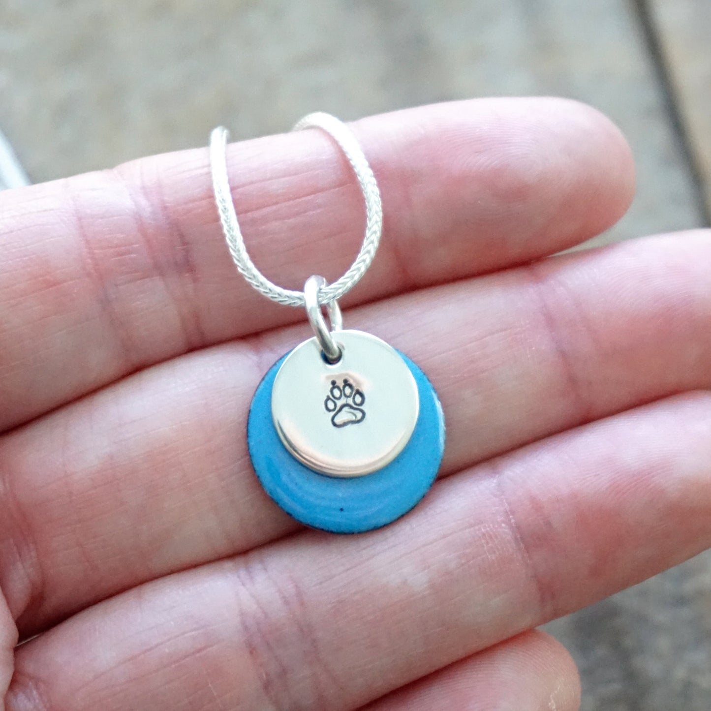 Hand Stamped Sterling Silver Paw Print on Enamel Pendant - Choose Your Color - Cat Paw, Dog Paw, Tiger Paw, Wolf Paw Enamel Necklace