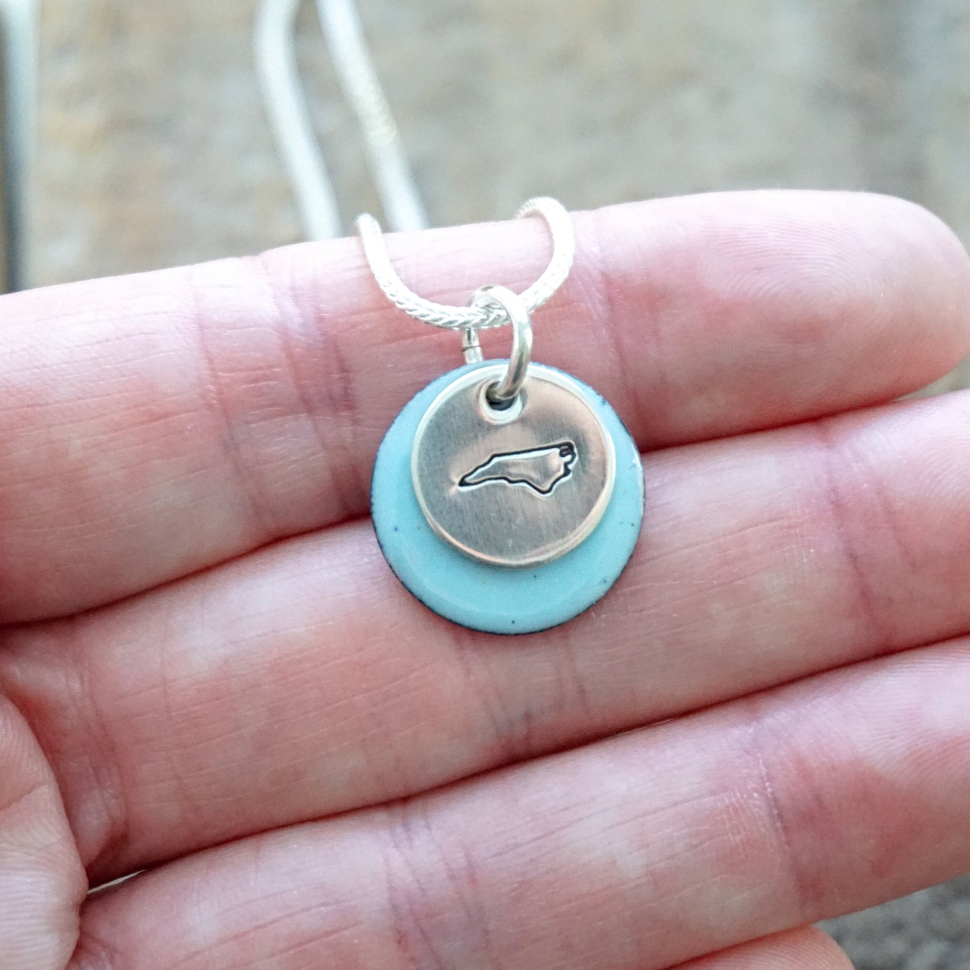 Hand Stamped Sterling Silver North Carolina on Enamel Pendant - Choose Your Color - Enamel Necklace, NC Jewelry, NC Necklace