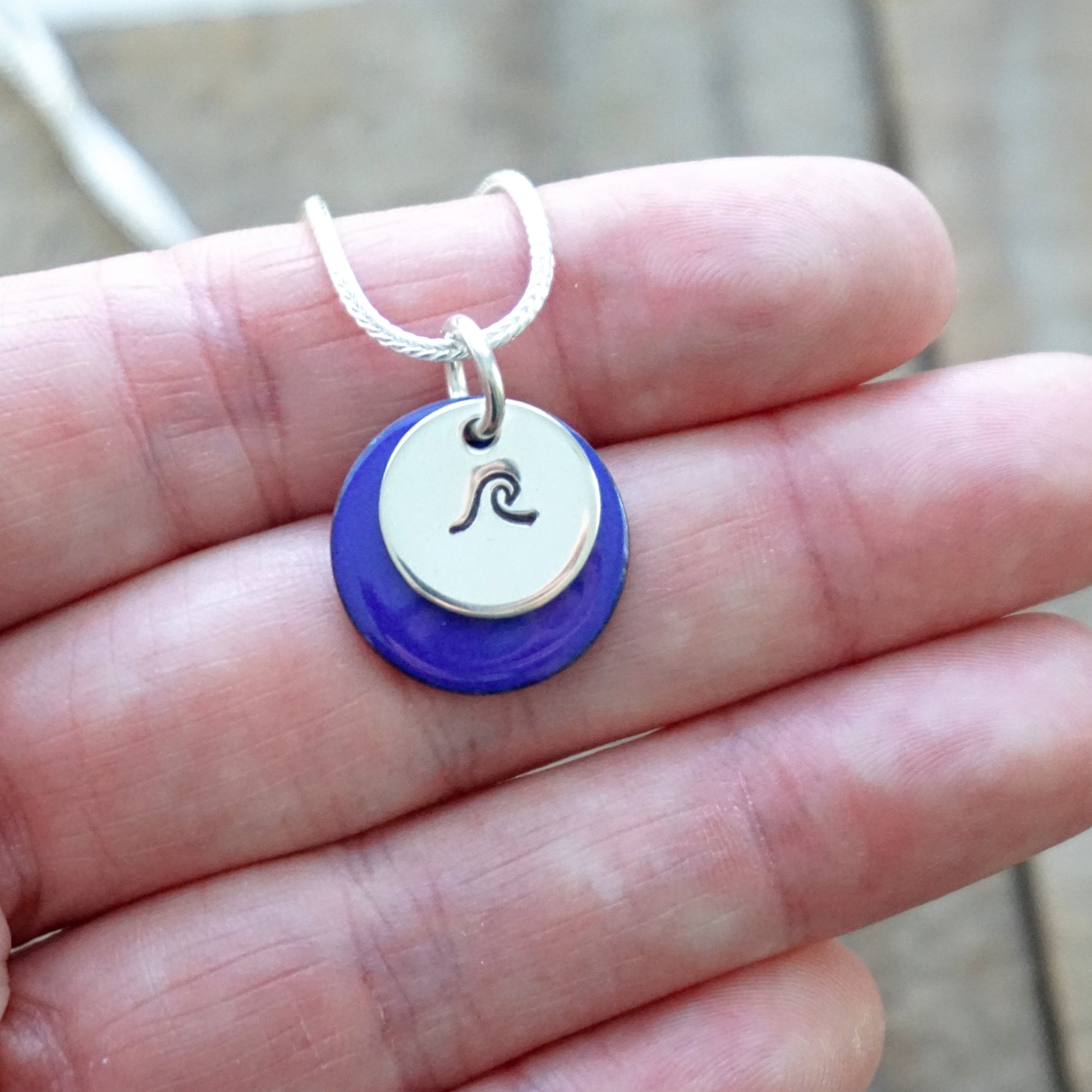 Hand Stamped Sterling Silver Wave on Enamel Pendant - Create Your Own - Enamel Jewelry, Wave Jewelry, Ocean Jewelry, Wave Necklace