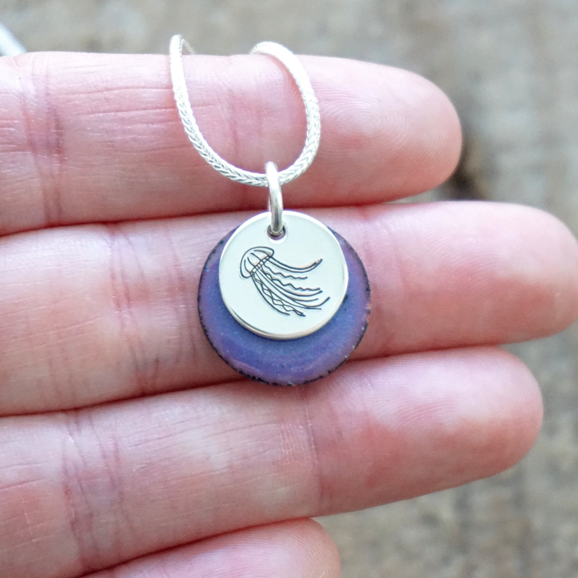 Hand Stamped Sterling Silver Jellyfish on Enamel Pendant - Choose Your Color - Enamel Necklace