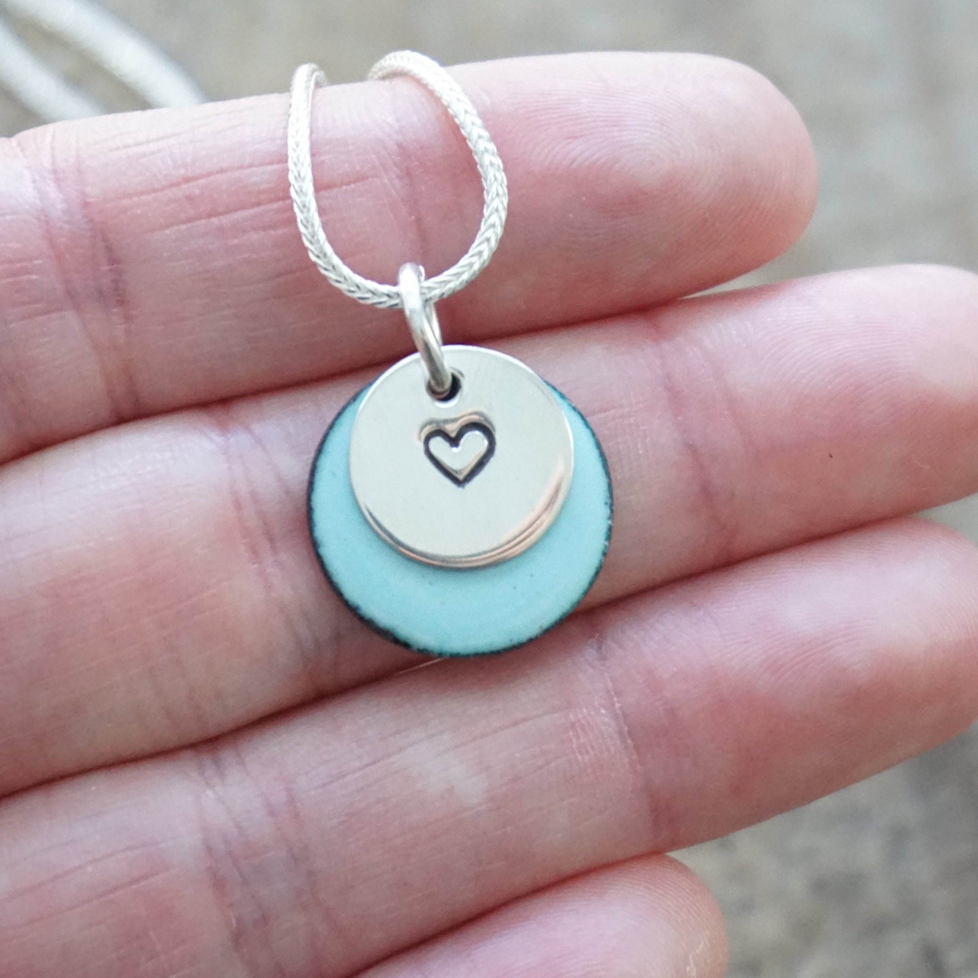 Hand Stamped Sterling Silver Heart on Enamel Pendant - Create Your Own - Enamel Necklace, Enamel Jewelry, Heart Jewelry, Heart Necklace