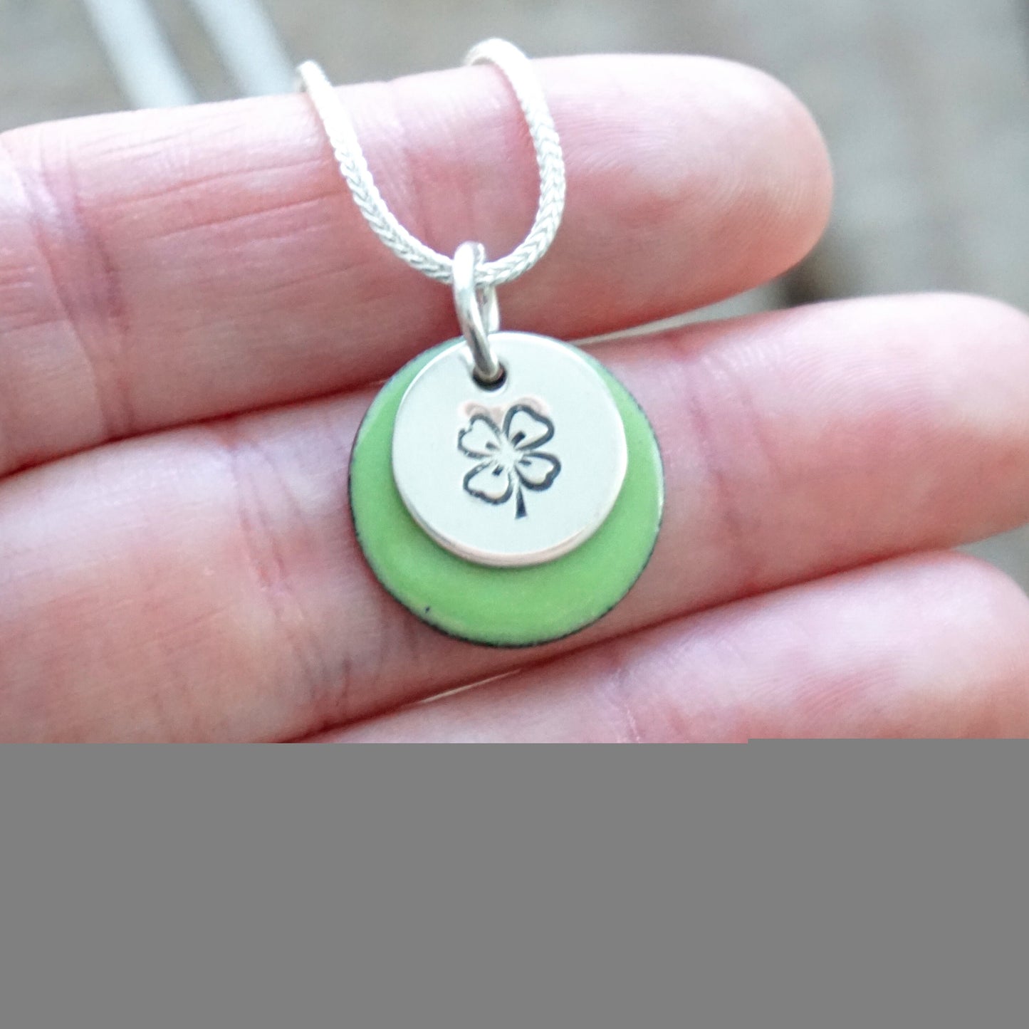 Hand Stamped Sterling Silver Shamrock on Enamel Pendant - Choose Your Color - Four Leaf Clover Necklace, Enamel Necklace