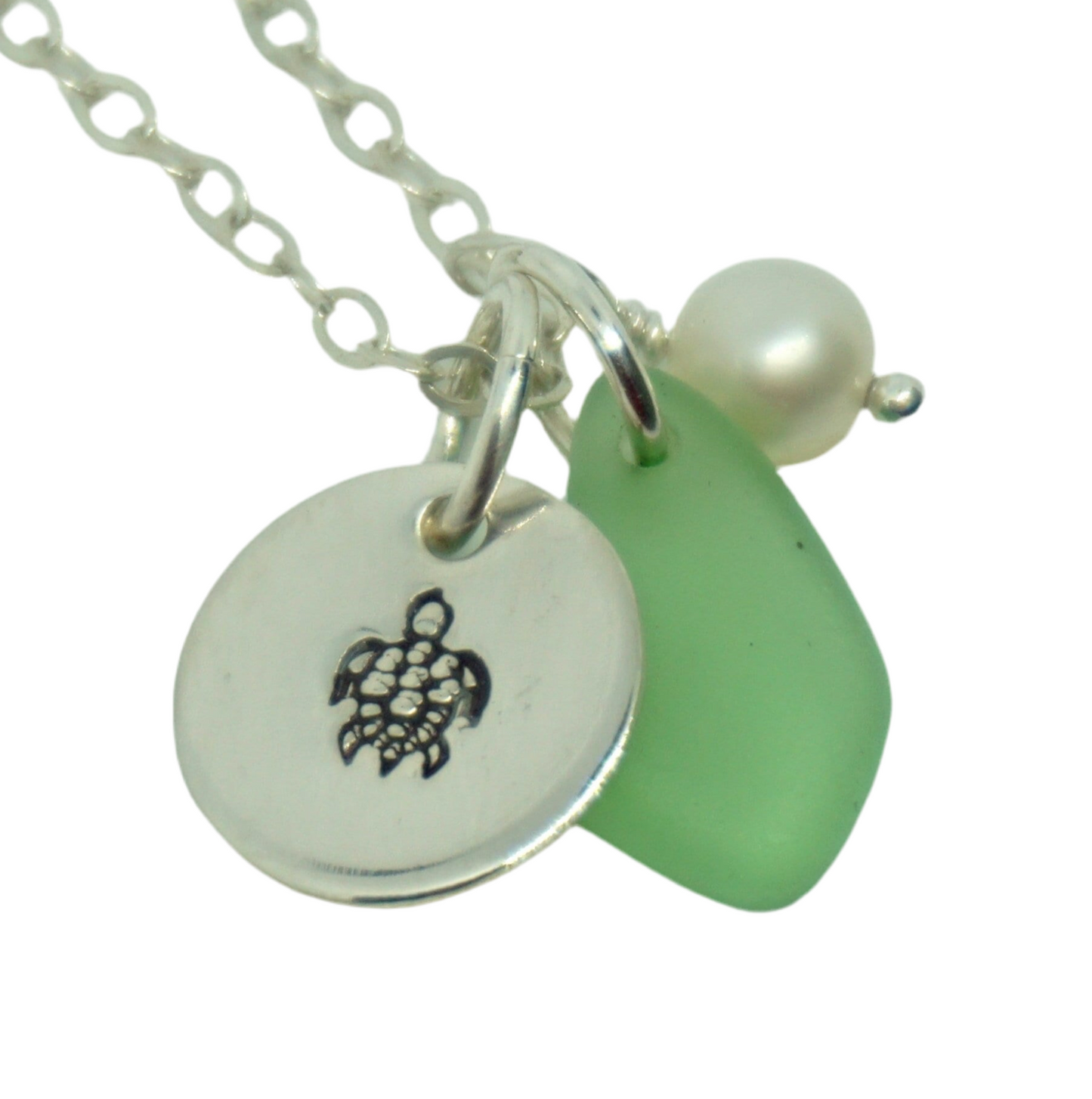 Sterling Silver Turtle with Green Sea Glass and Pearl Pendant