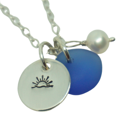 Sterling Silver Sunset/Sunrise with Blue Sea Glass and Pearl Pendant