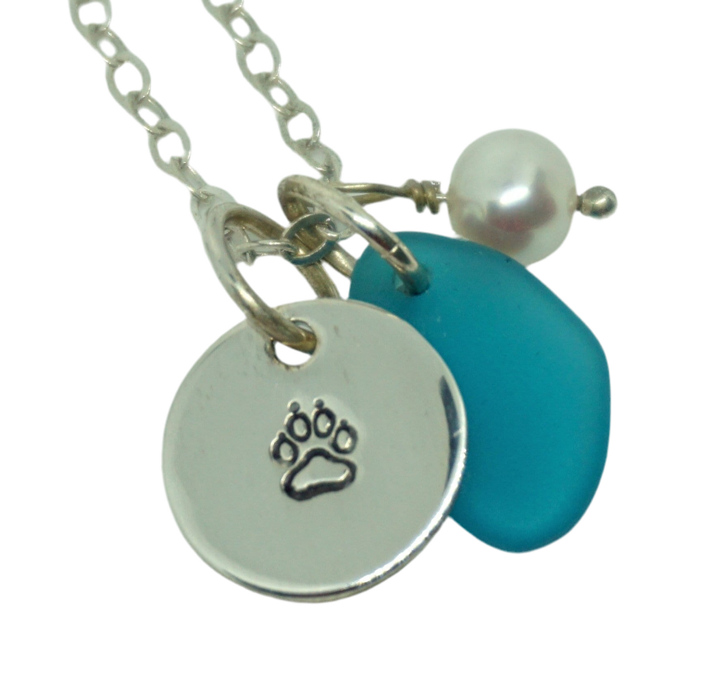 Sterling Silver Paw Print with Teal Blue Sea Glass and Pearl Pendant