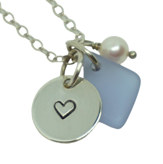 Sterling Silver Heart with Lavender Sea Glass and Pearl Pendant