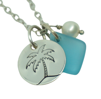 Sterling Silver Palm Tree with Aqua Blue Sea Glass and Pearl Pendant