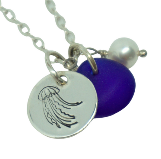 Sterling Silver Jellyfish with Cobalt Blue Sea Glass and Pearl Pendant