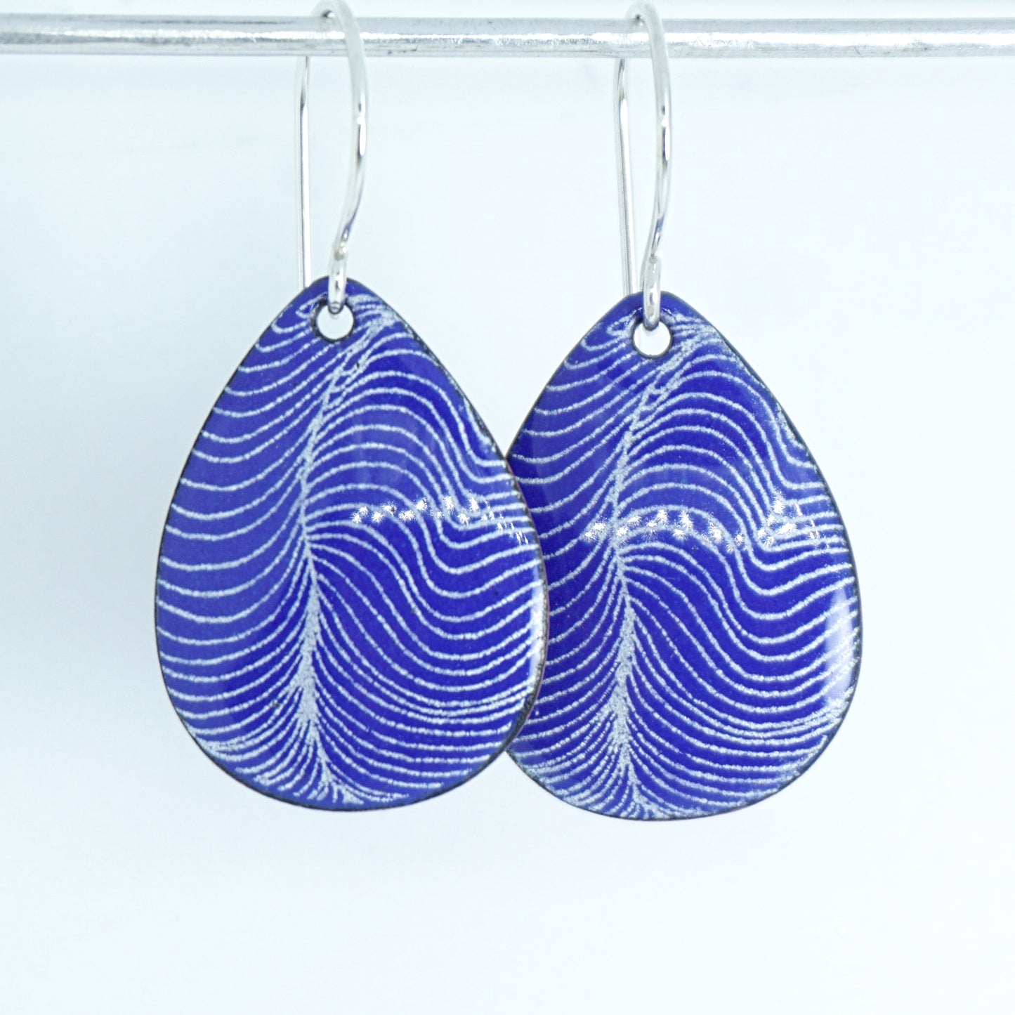 White Line Accents on Cobalt Blue Enamel Teardrop Earrings