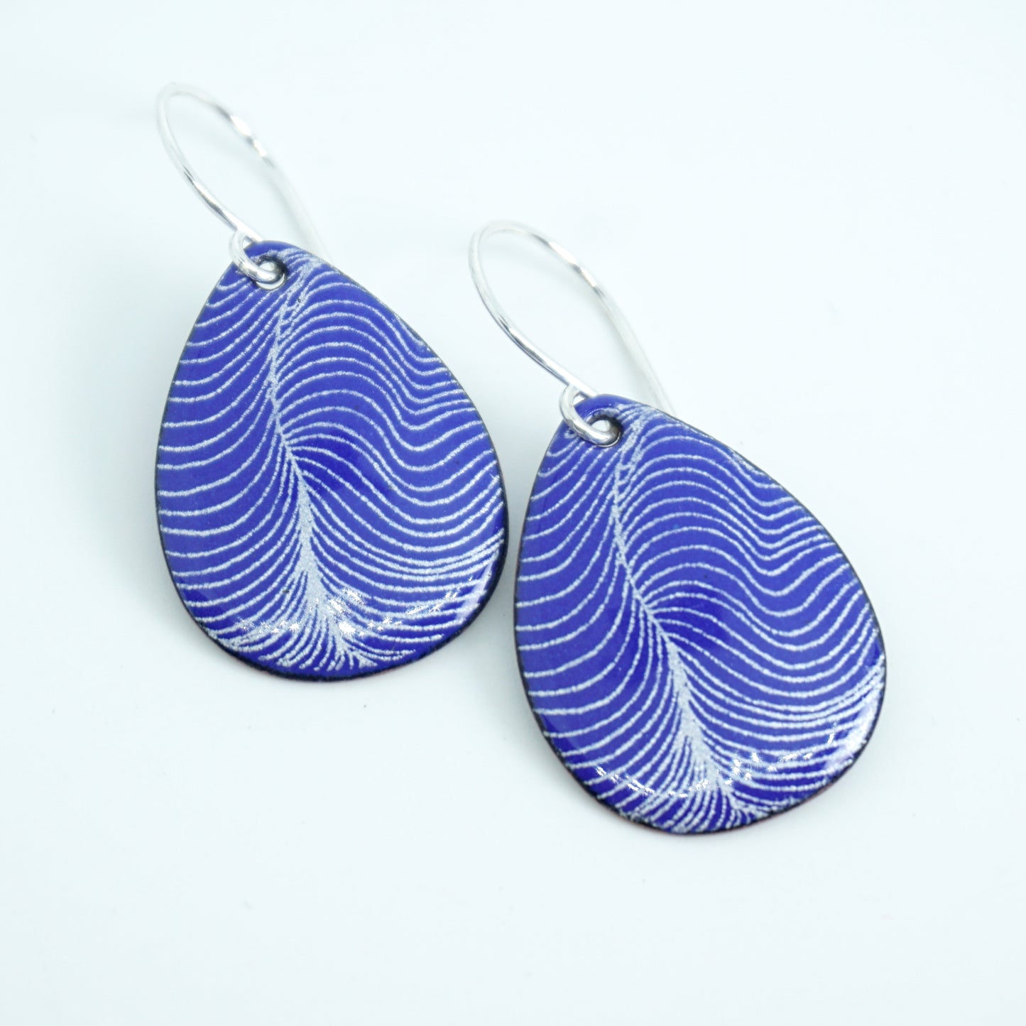 White Line Accents on Cobalt Blue Enamel Teardrop Earrings