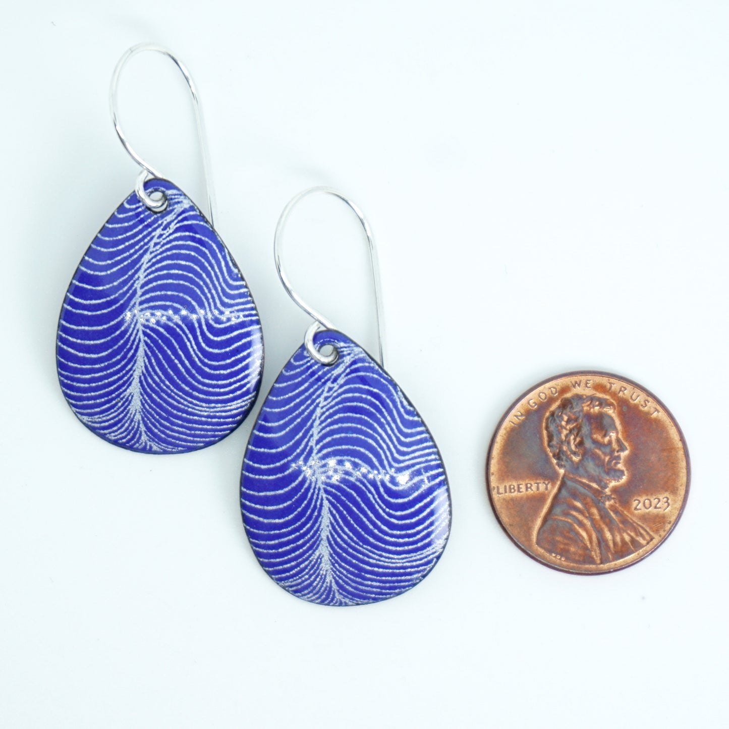 White Line Accents on Cobalt Blue Enamel Teardrop Earrings