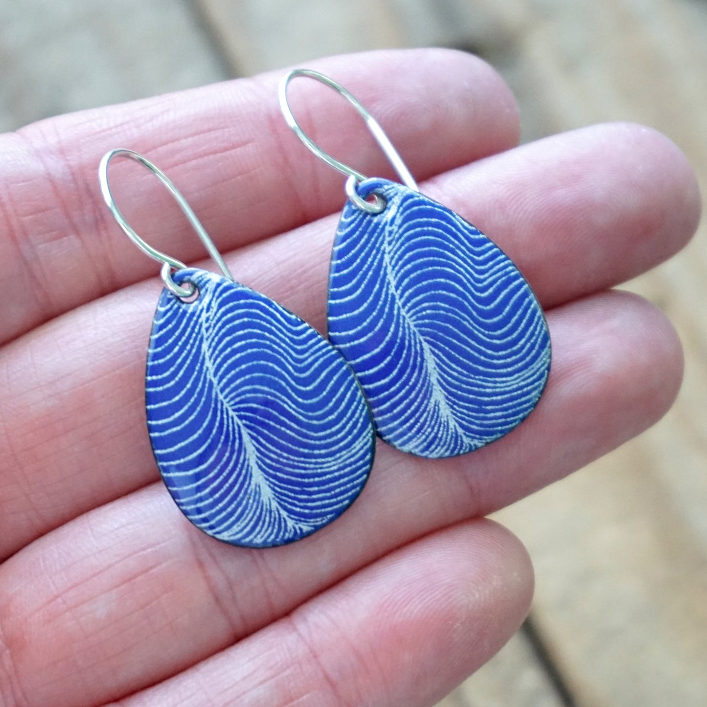 White Line Accents on Cobalt Blue Enamel Teardrop Earrings