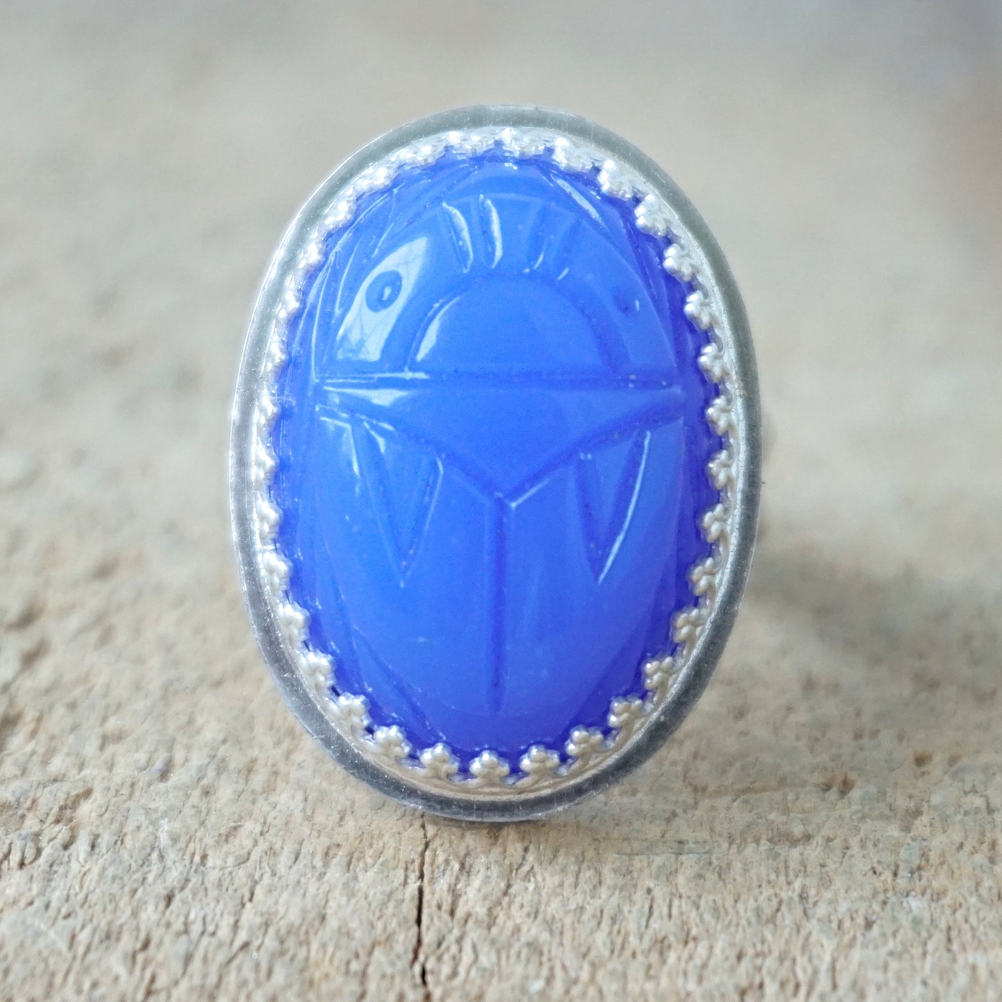 Size 8 3/4 Blue Pressed Glass Scarab Beetle Statement Ring