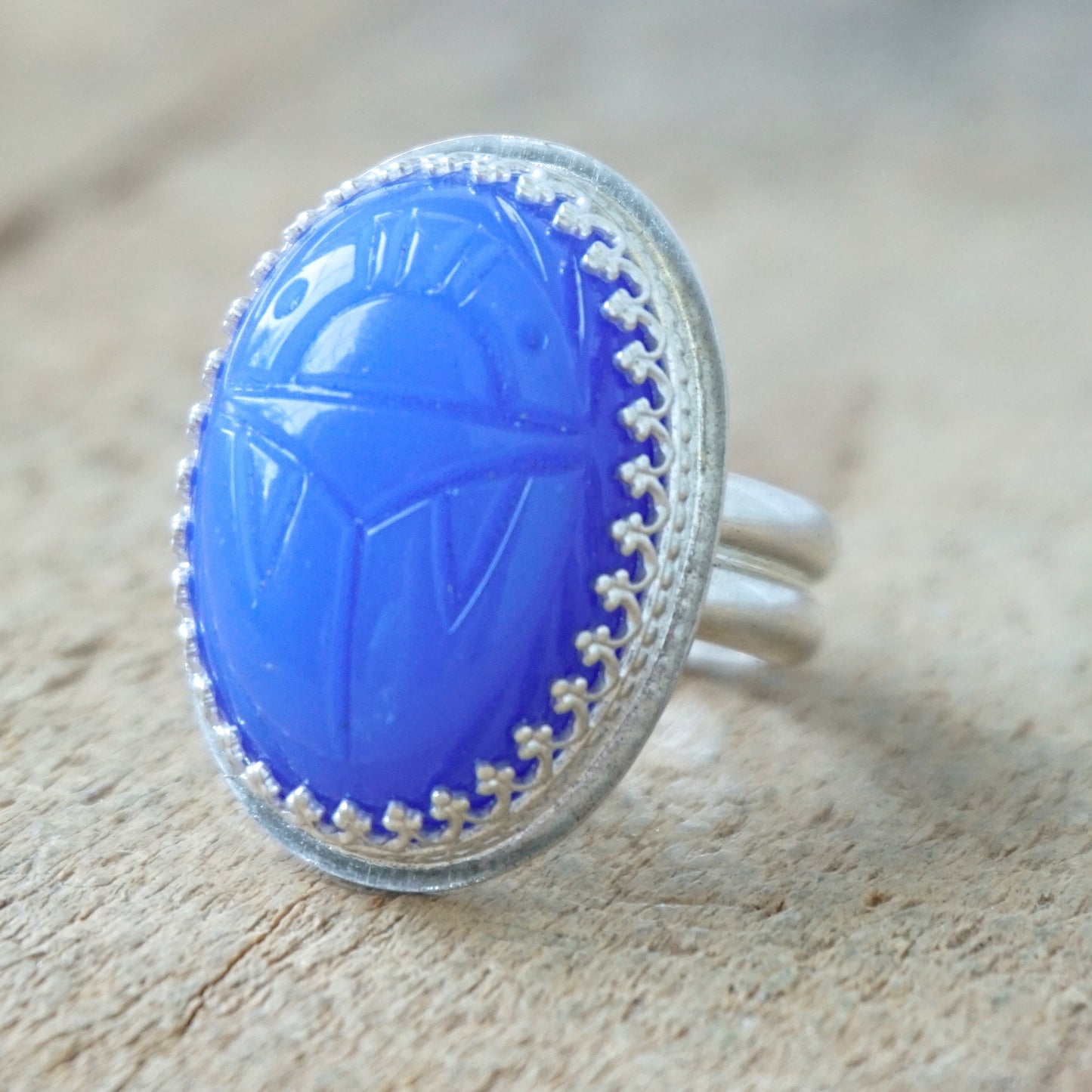 Size 8 3/4 Blue Pressed Glass Scarab Beetle Statement Ring