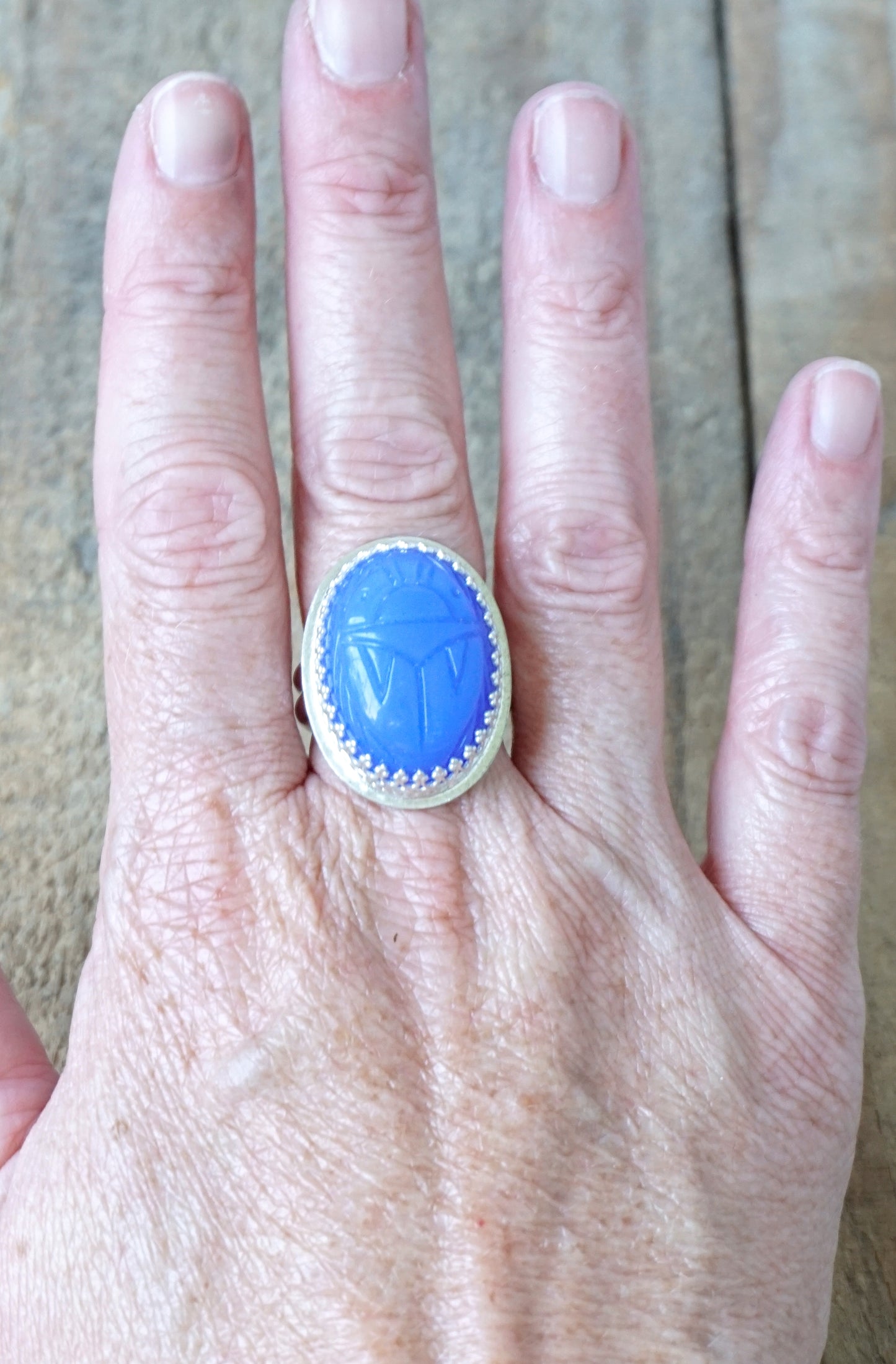 Size 8 3/4 Blue Pressed Glass Scarab Beetle Statement Ring