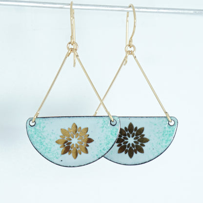 Gold Flowers on Light Seafoam Green Enamel Statement Earrings