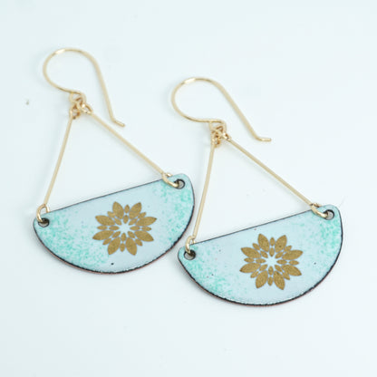 Gold Flowers on Light Seafoam Green Enamel Statement Earrings