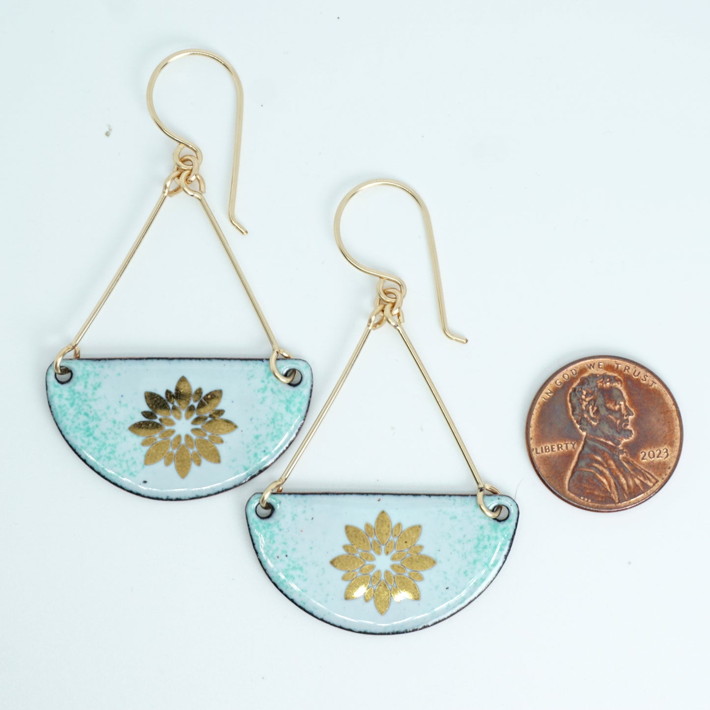 Gold Flowers on Light Seafoam Green Enamel Statement Earrings