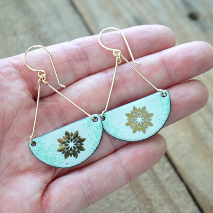 Gold Flowers on Light Seafoam Green Enamel Statement Earrings