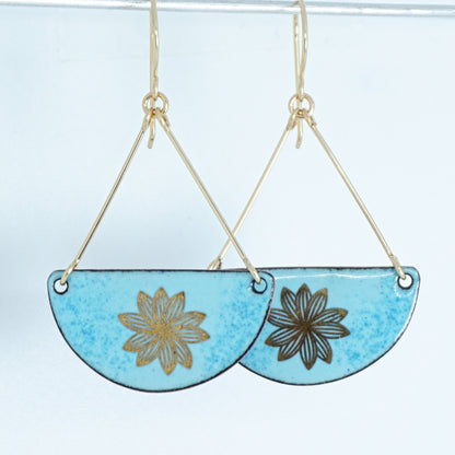 Gold Flowers on Robin's Egg Blue Enamel Statement Earrings