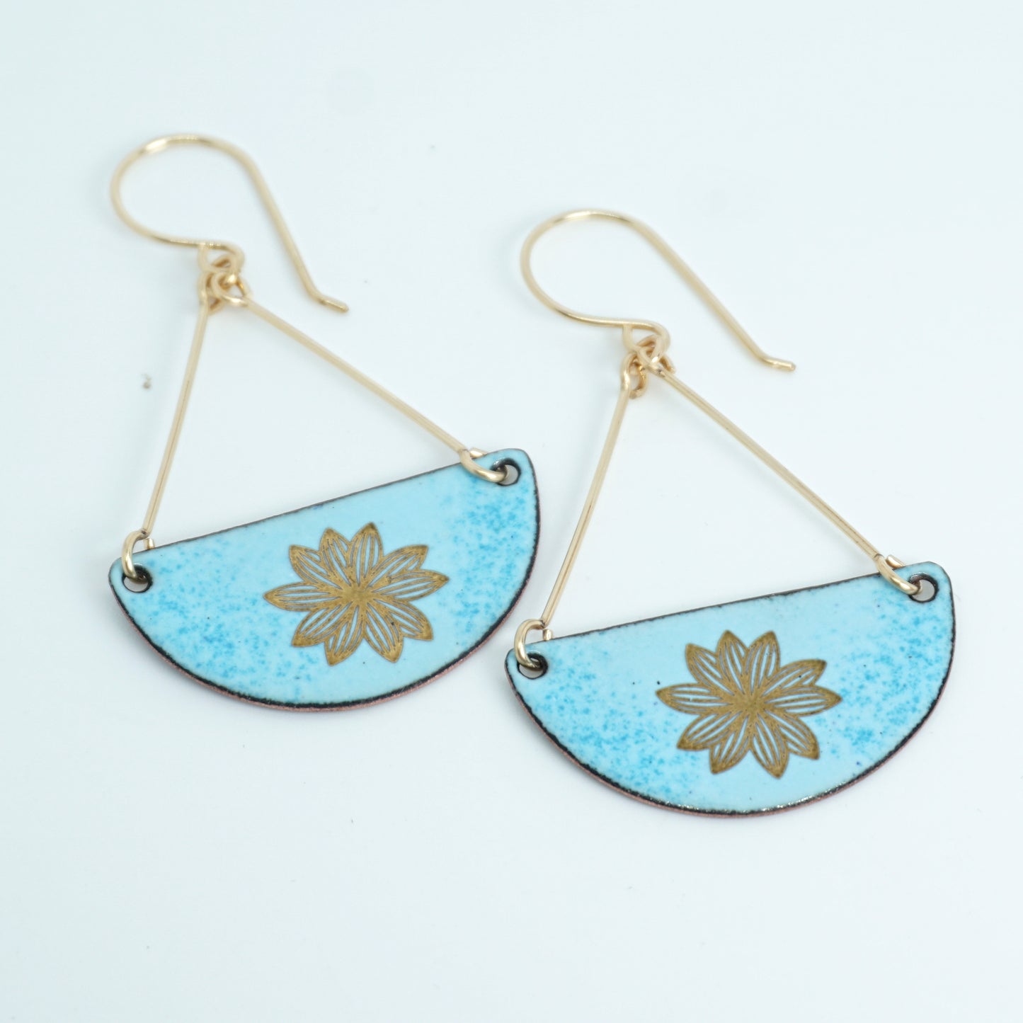 Gold Flowers on Robin's Egg Blue Enamel Statement Earrings