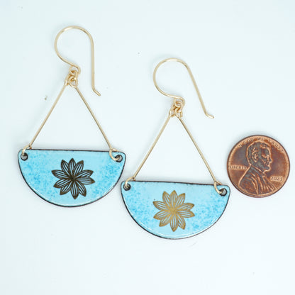 Gold Flowers on Robin's Egg Blue Enamel Statement Earrings