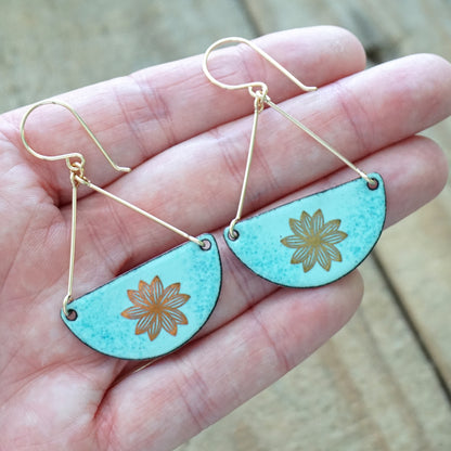 Gold Flowers on Robin's Egg Blue Enamel Statement Earrings