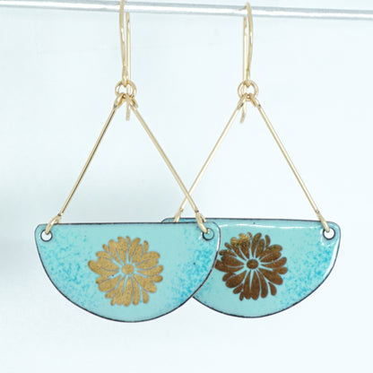 Gold Flowers on Seafoam Green Enamel Statement Earrings