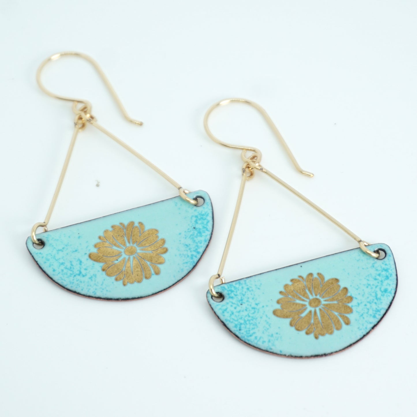 Gold Flowers on Seafoam Green Enamel Statement Earrings