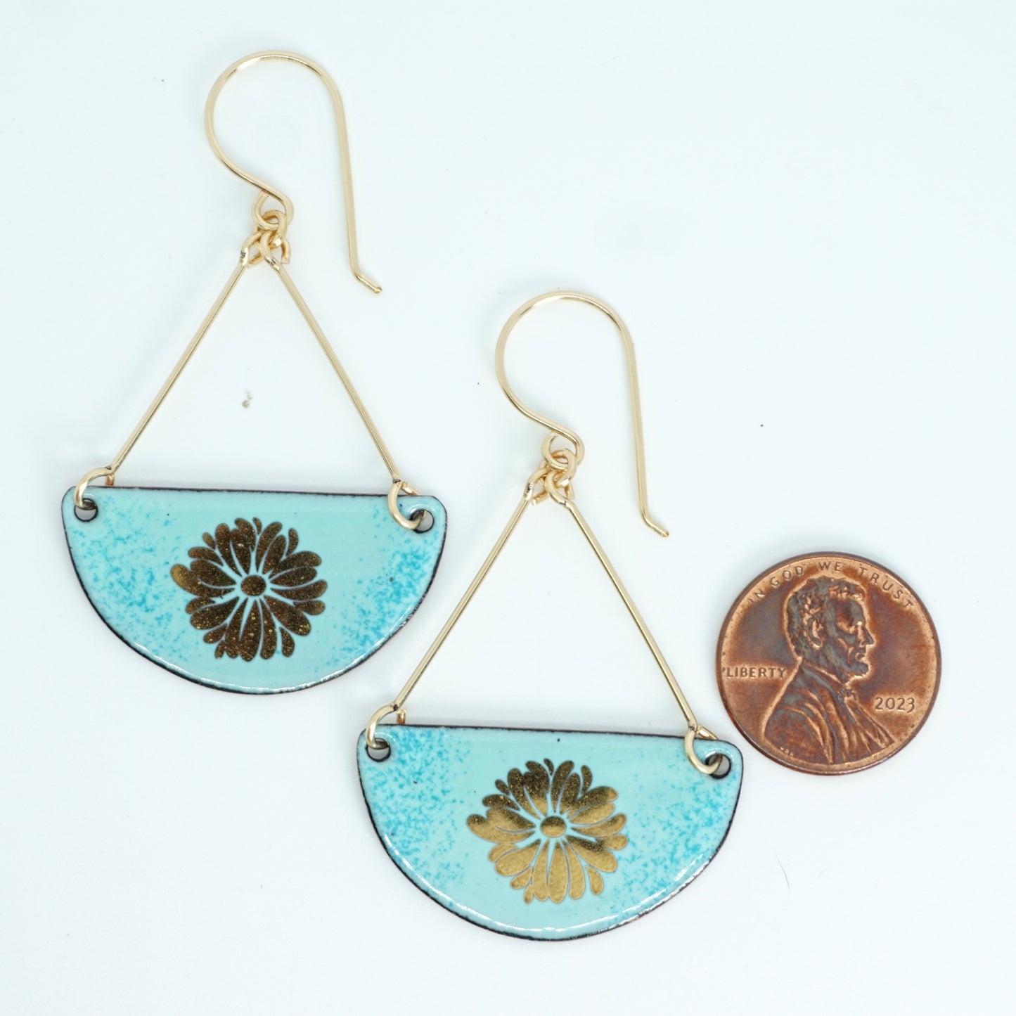 Gold Flowers on Seafoam Green Enamel Statement Earrings