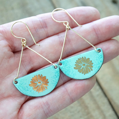 Gold Flowers on Seafoam Green Enamel Statement Earrings