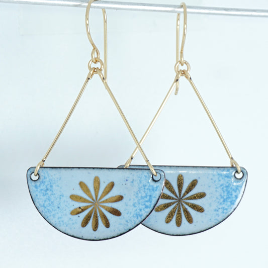 Gold Flowers on Light Blue Enamel Statement Earrings